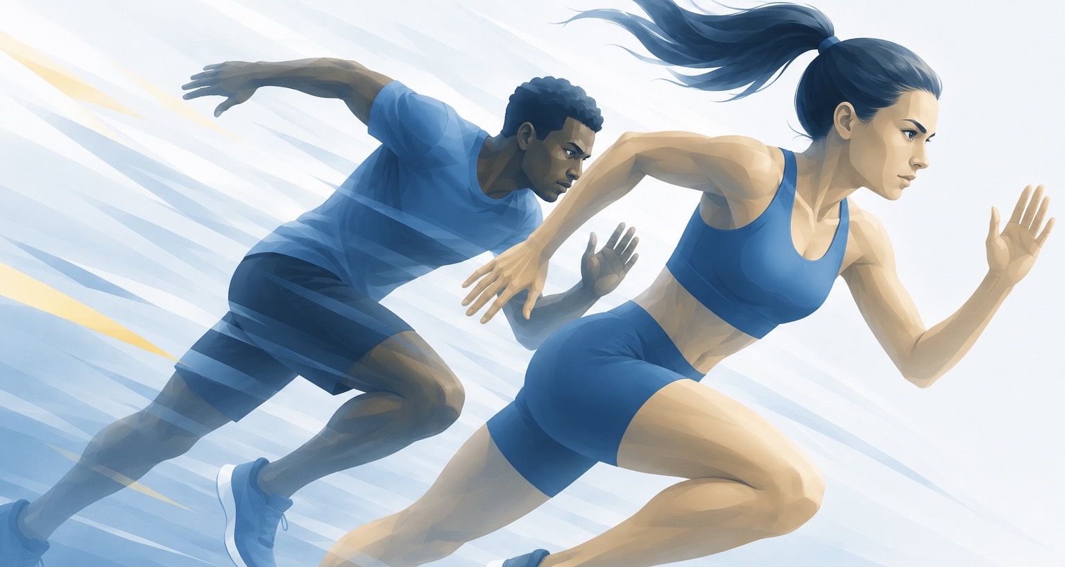 Twee hardlopers in volle sprint — beweging en momentum als beeld voor groei door verandering